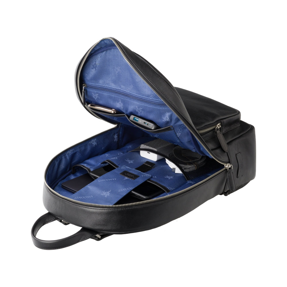 Warrior 14" black backpack, open, showing the laptop sleeve