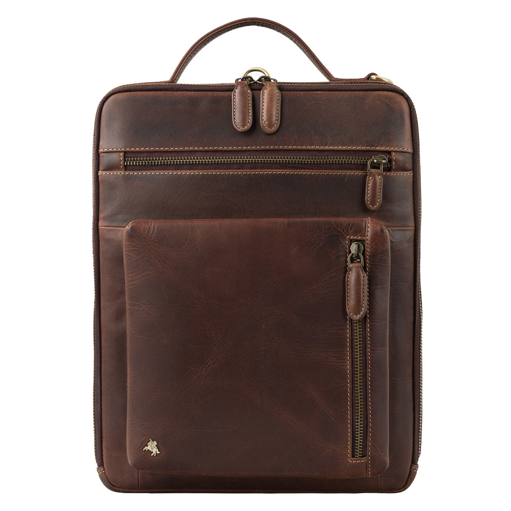 Skylar chestnut brown laptop bag, front view