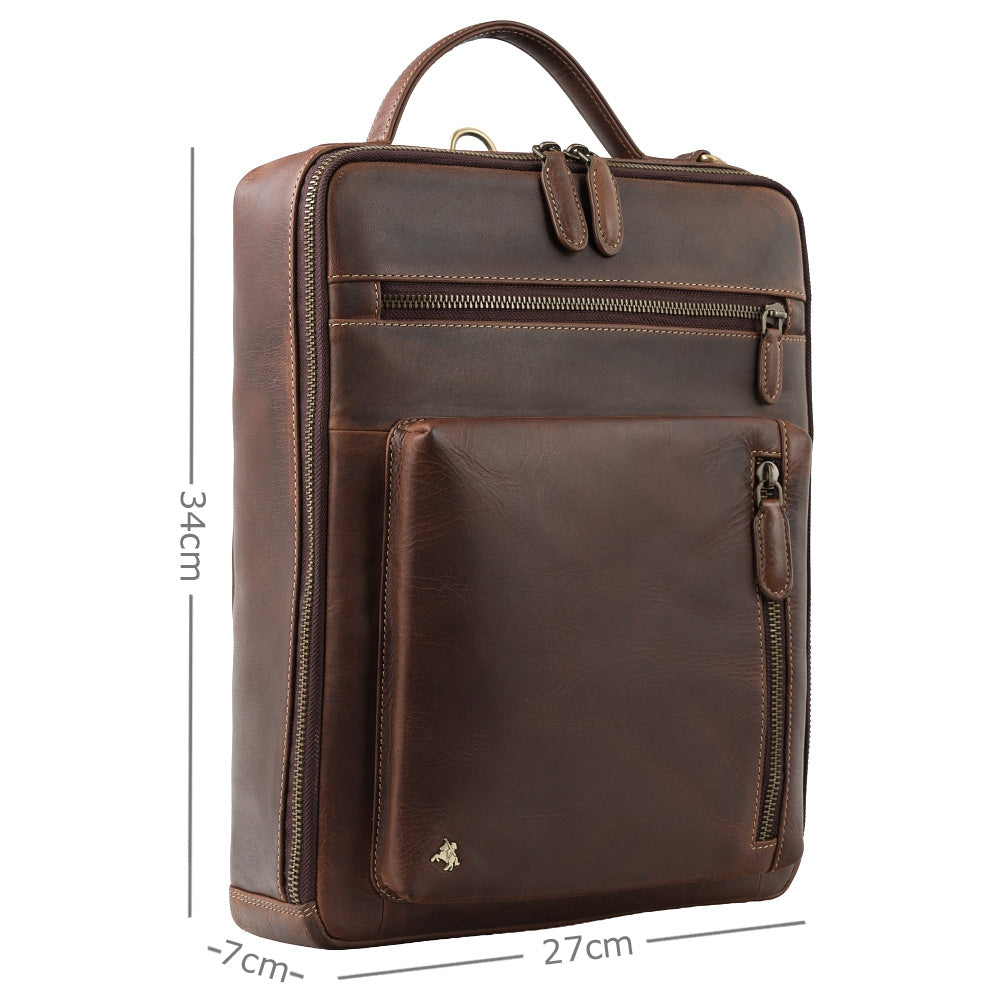 Skylar chestnut brown laptop bag, with dimensions, 34 x 27 x 7 cm