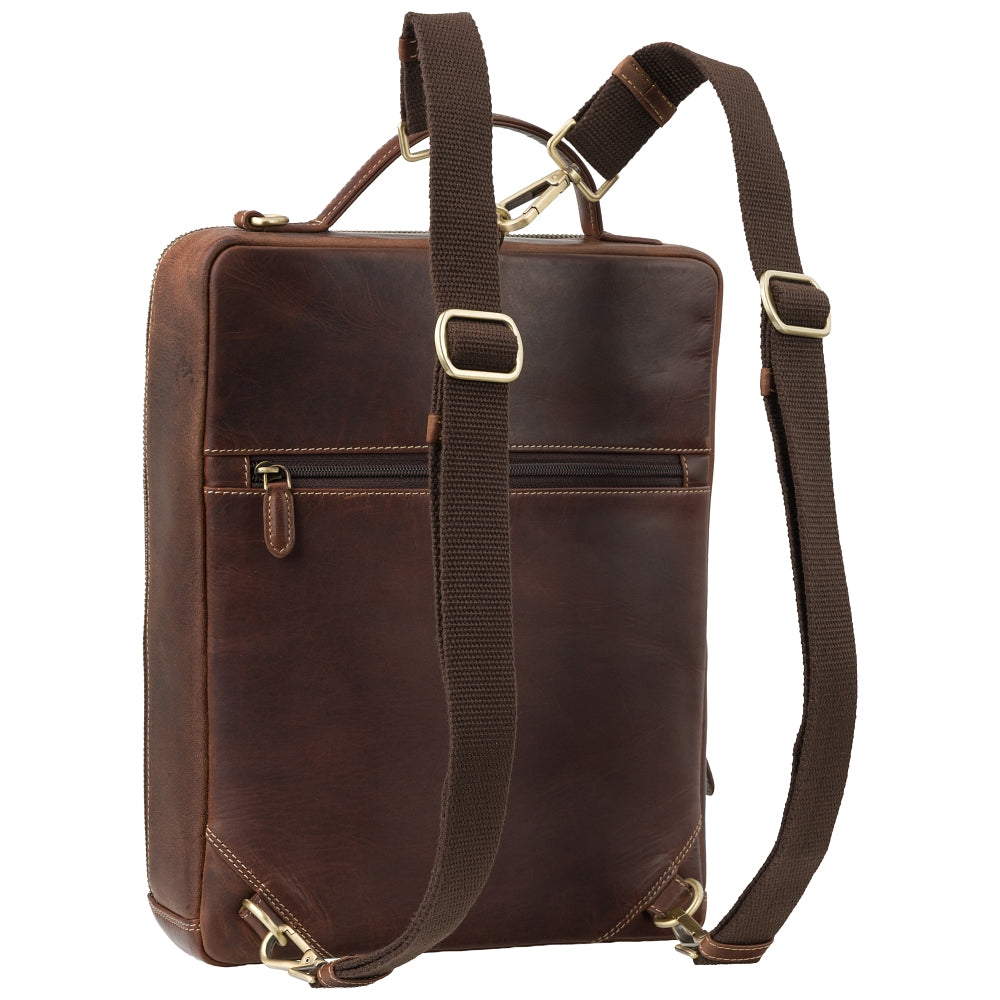 Skylar chestnut brown laptop bag, back view with backpack straps