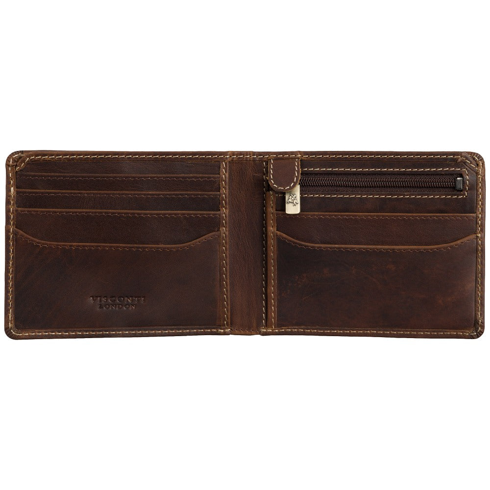 Visconti Rocco rich tan wallet open, showing the zipped coin pocket
