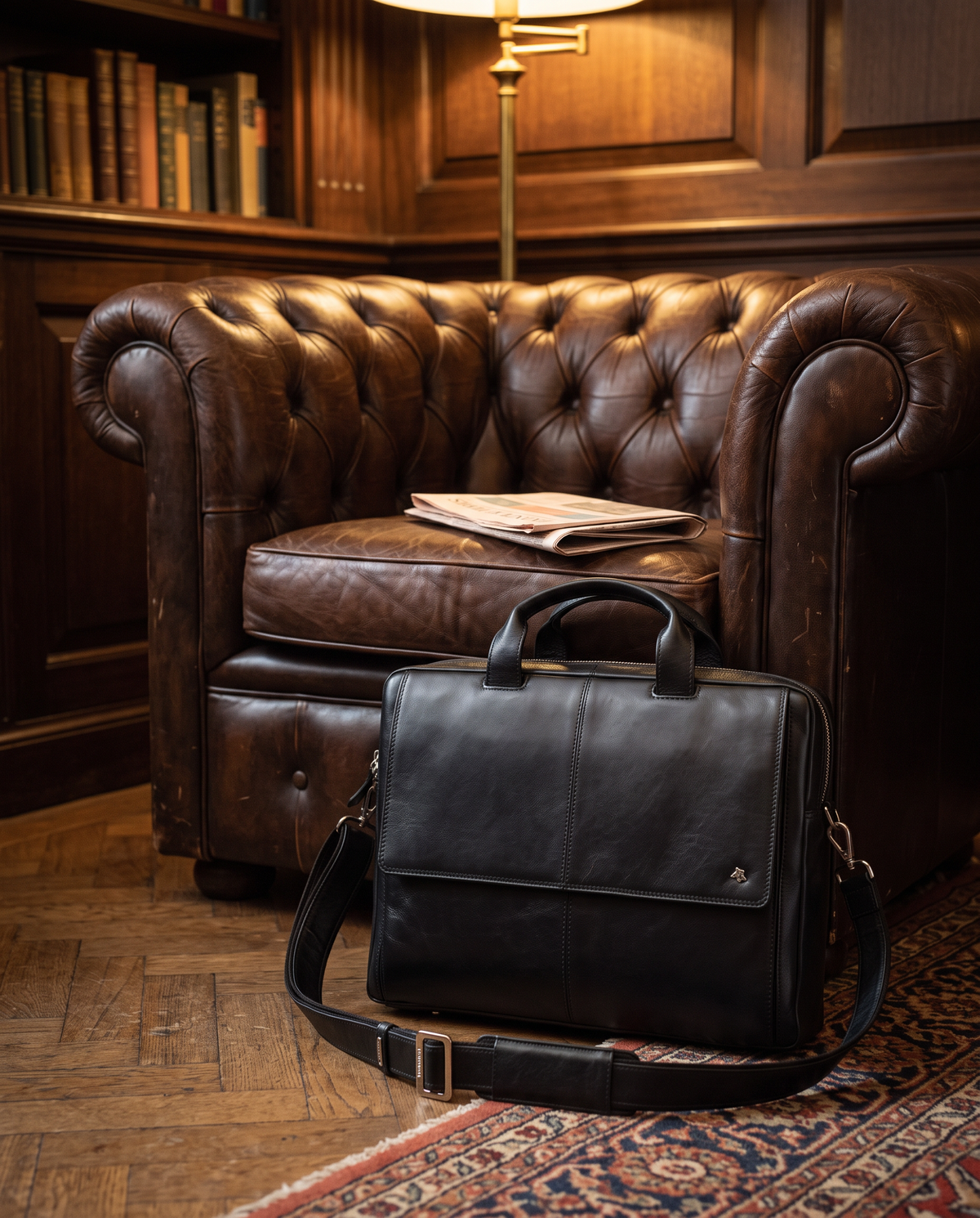 Anderson 15" black laptop bag, styled still life