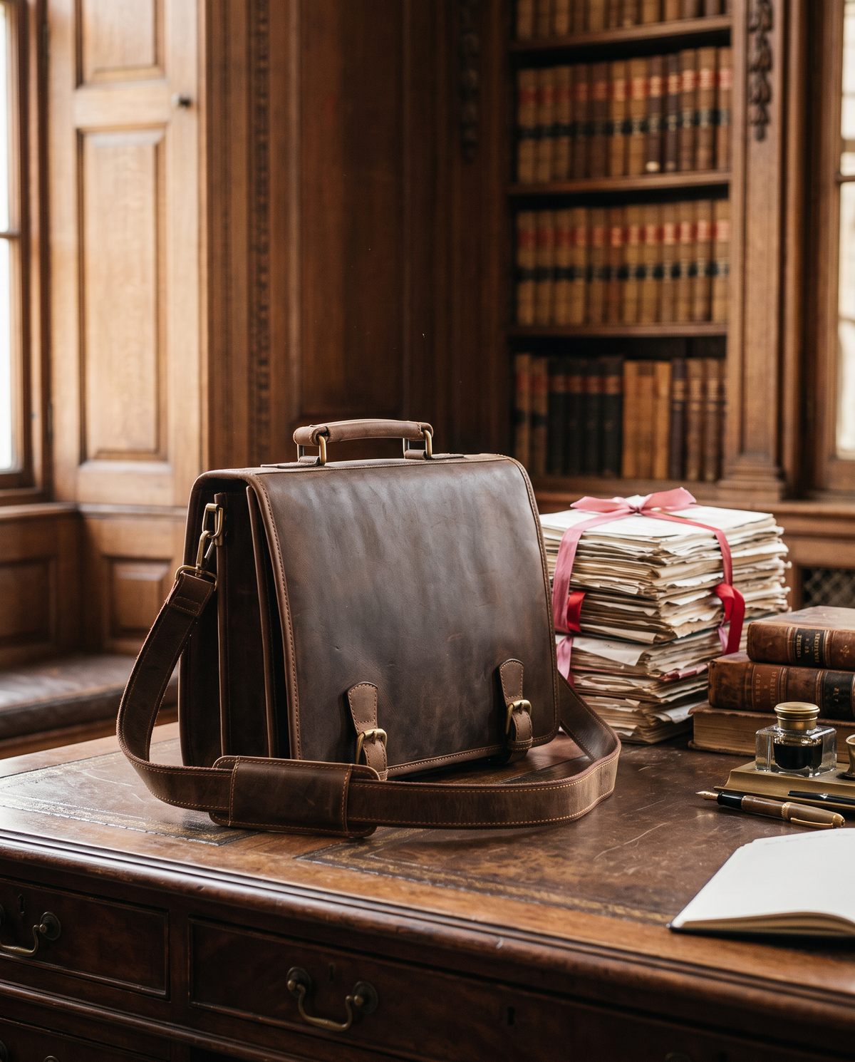 Hulk oil tan briefcase, styled still life