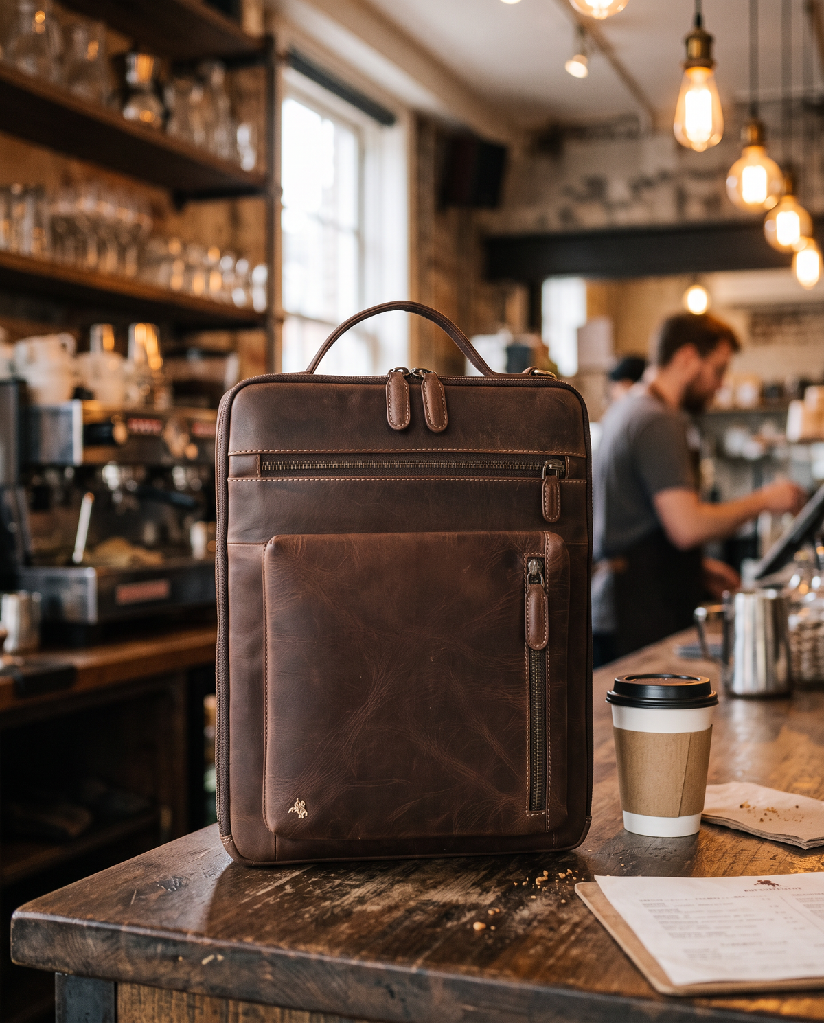 Skylar chestnut brown laptop bag, styled still life