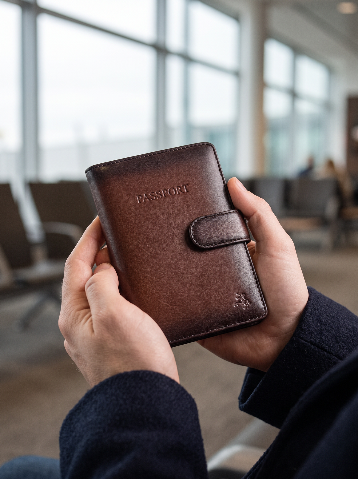 Holding the Blake passport cover in an airport lounge