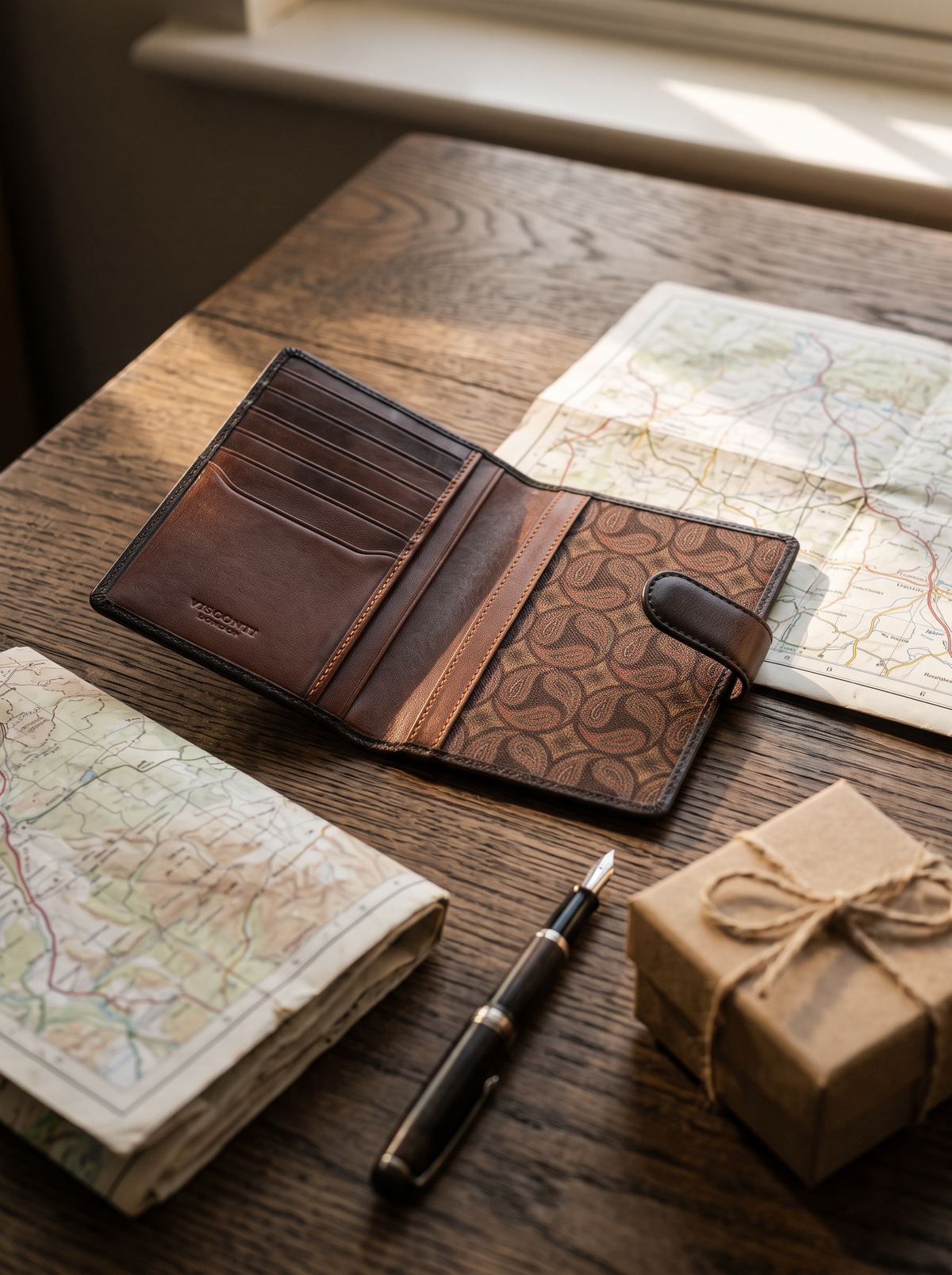 Blake passport cover open on an oak table beside a map