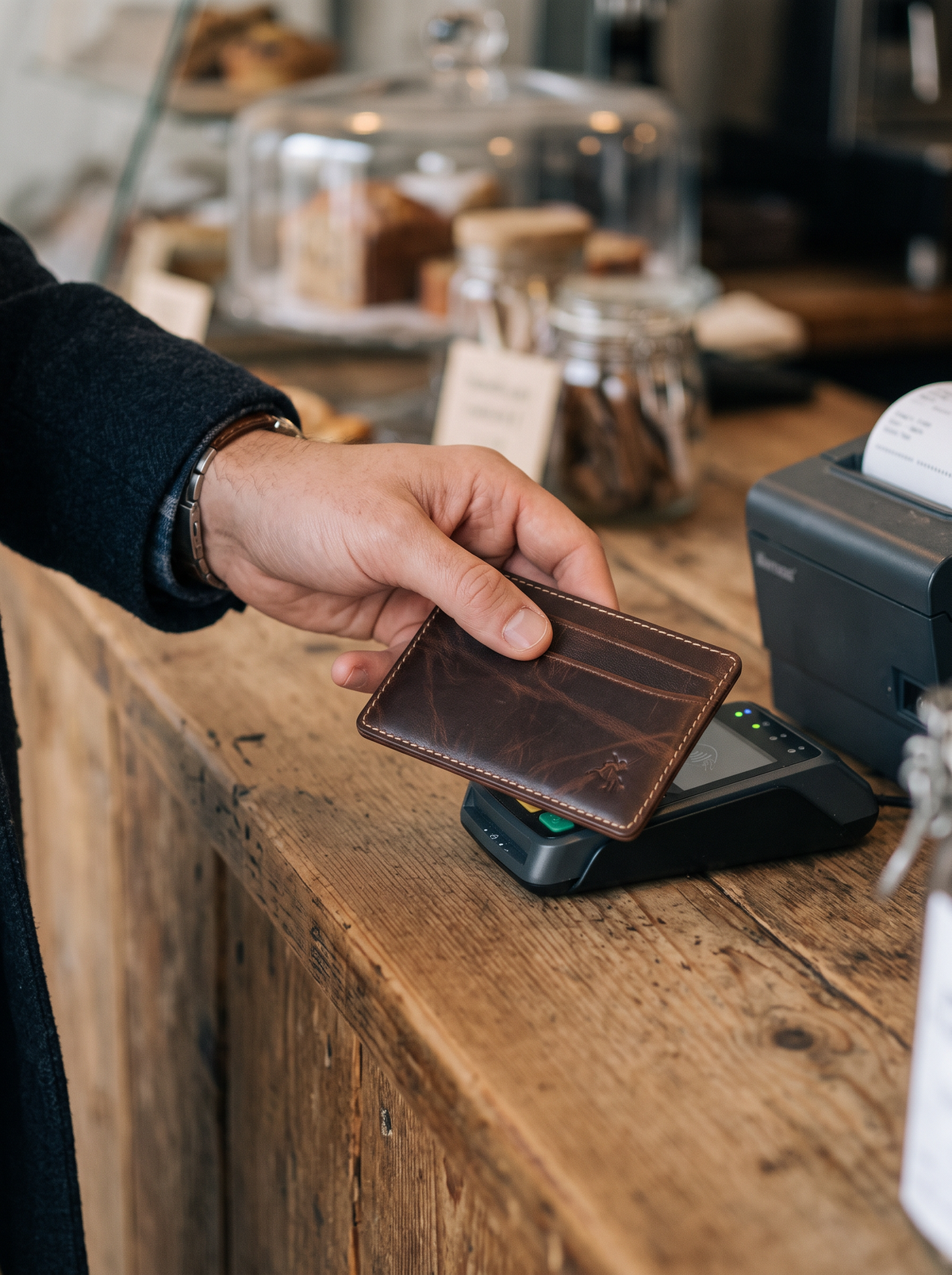 Paying contactless with the Carlo rich tan card holder
