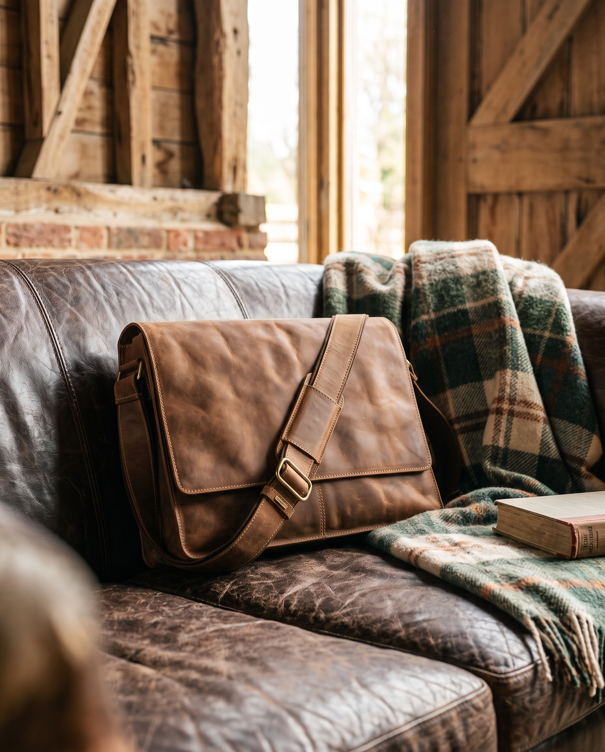 Harvard XL oil tan messenger bag, styled still life