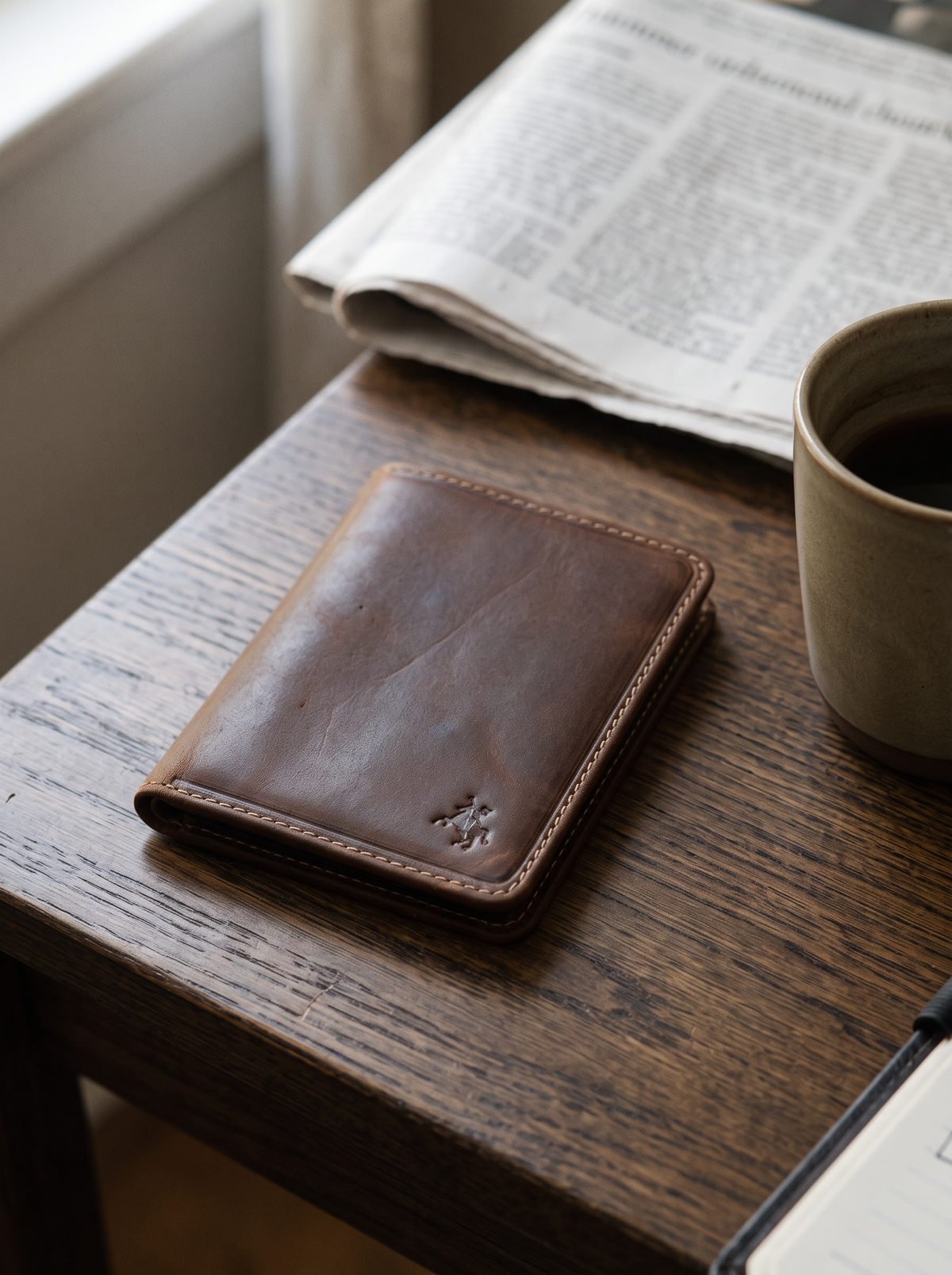Fabio rich tan card wallet on an oak desk beside a coffee cup
