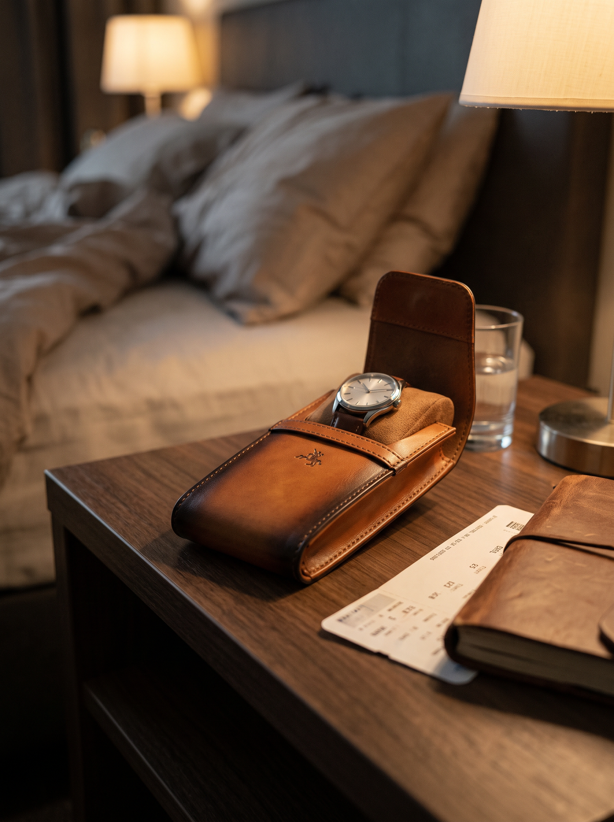 Time burnished tan watch pouch open on a hotel bedside table