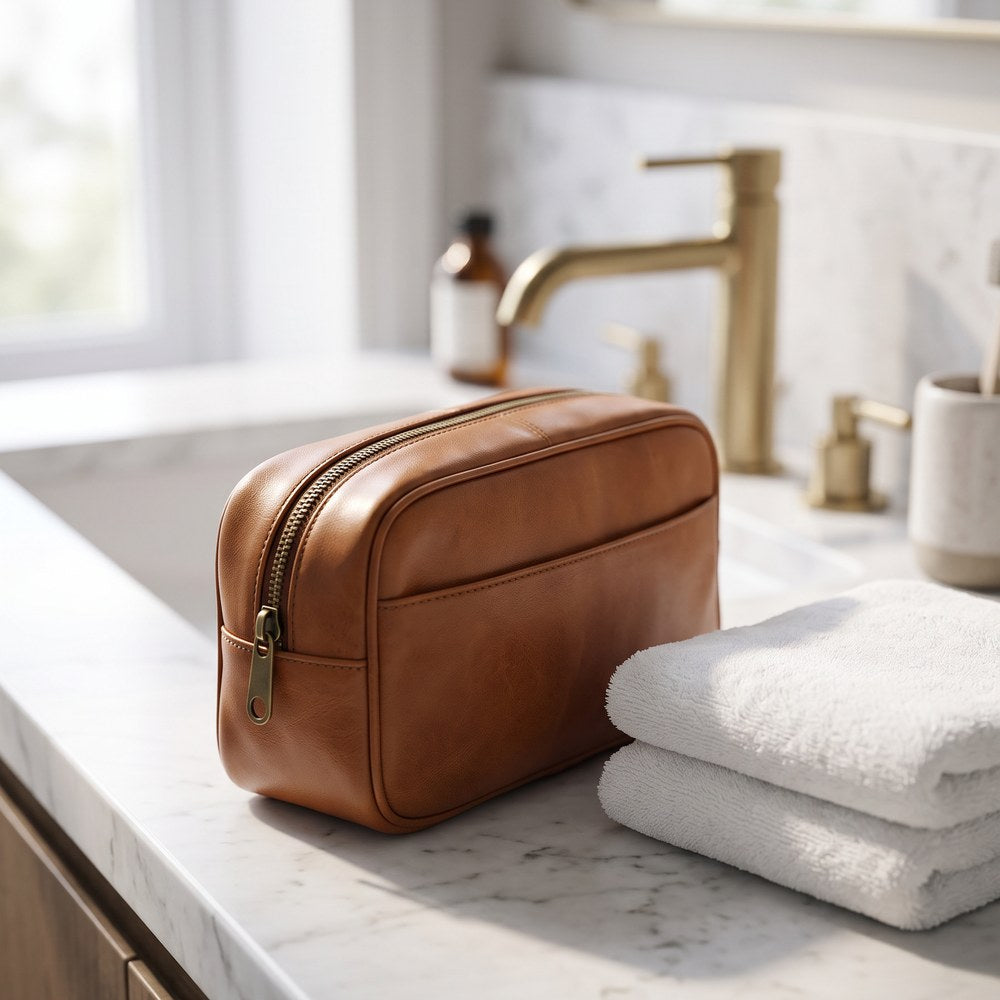 Walnut Leather Zip-Top Wash Bag