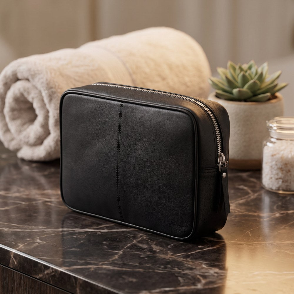 Black Leather Zip-Top Wash Bag