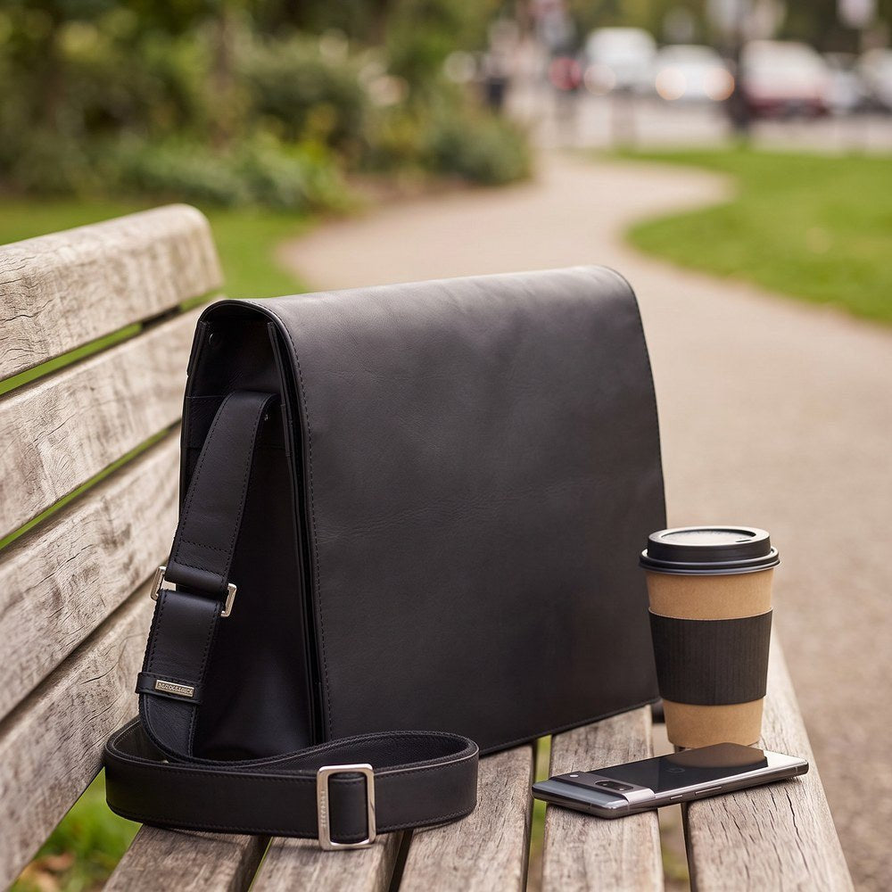 Harvard Large Leather Messenger Bag – Black