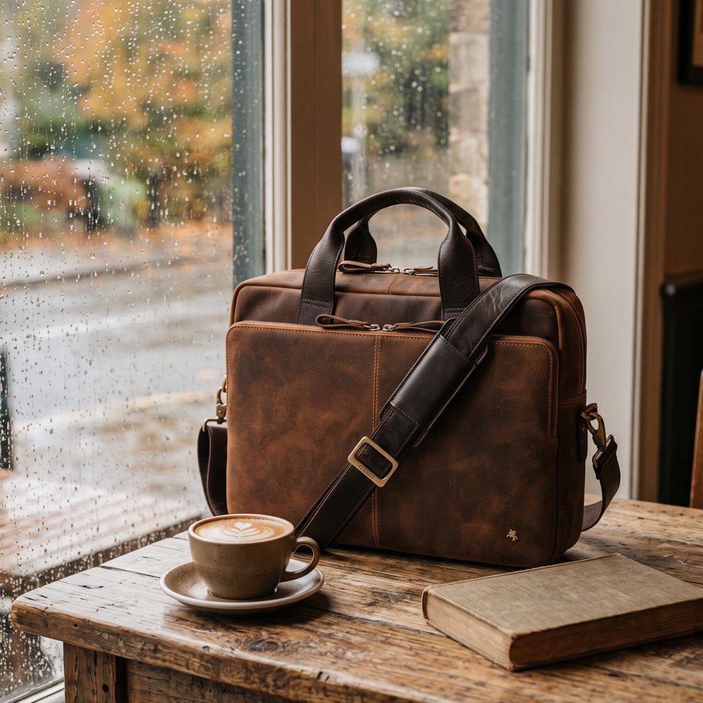 Hugo 13" Leather Zip-Top Laptop Bag – Tan/Brown