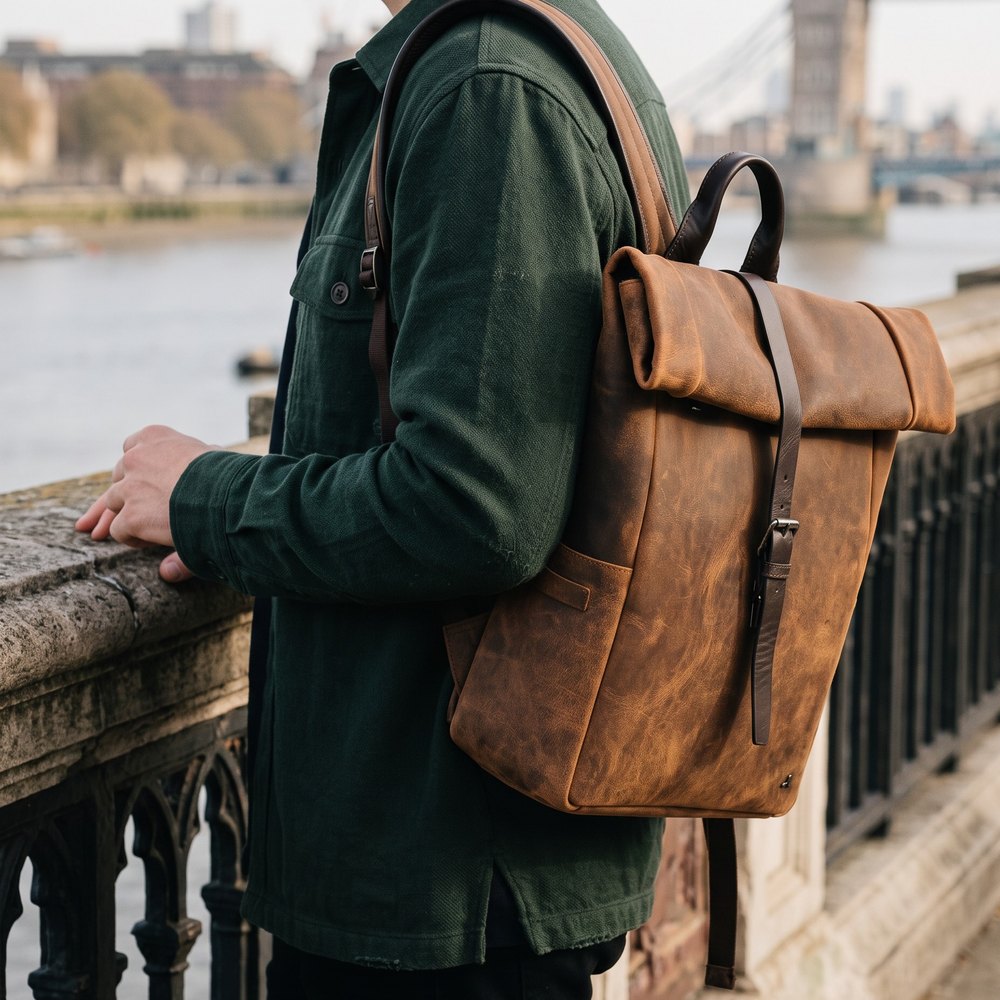 Transporter Leather Roll-Top Backpack – Tan